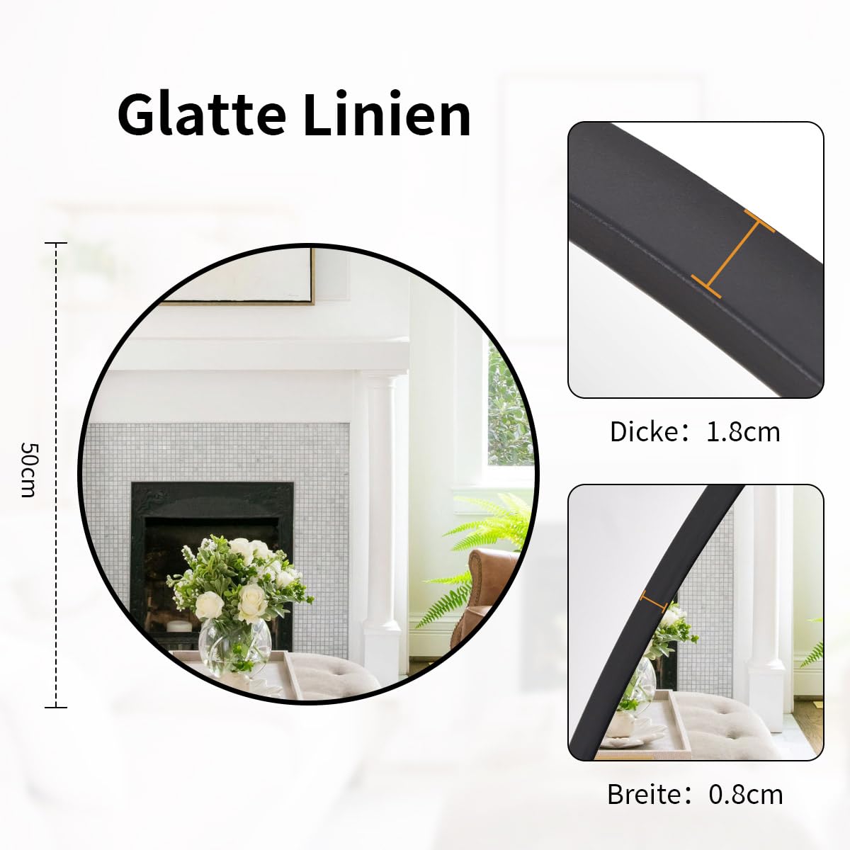 Koonmi 50cm Runder Spiegel Schwarz Spiegel Rund Wandspiegel mit Rahmen aus Aluminiumlegierung für Badezimmer, Waschtisch, Wohnzimmer, Schlafzimmer