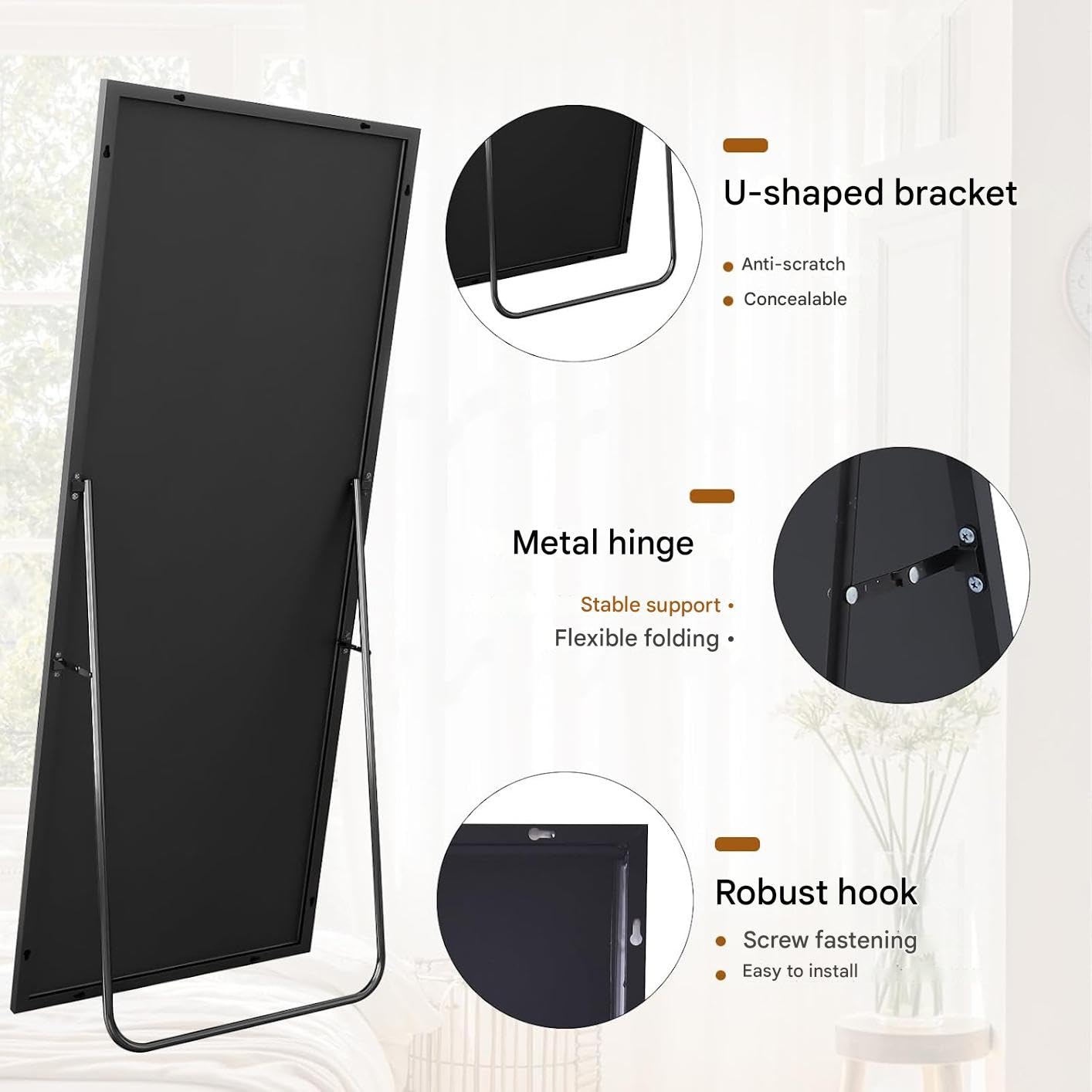 Koonmi 171 x 76 cm Standspiegel, robust Ganzkörperspiegel mit minimalistische schmaler Aluminiumrahmen, modern großer Wandspiegel stehend oder