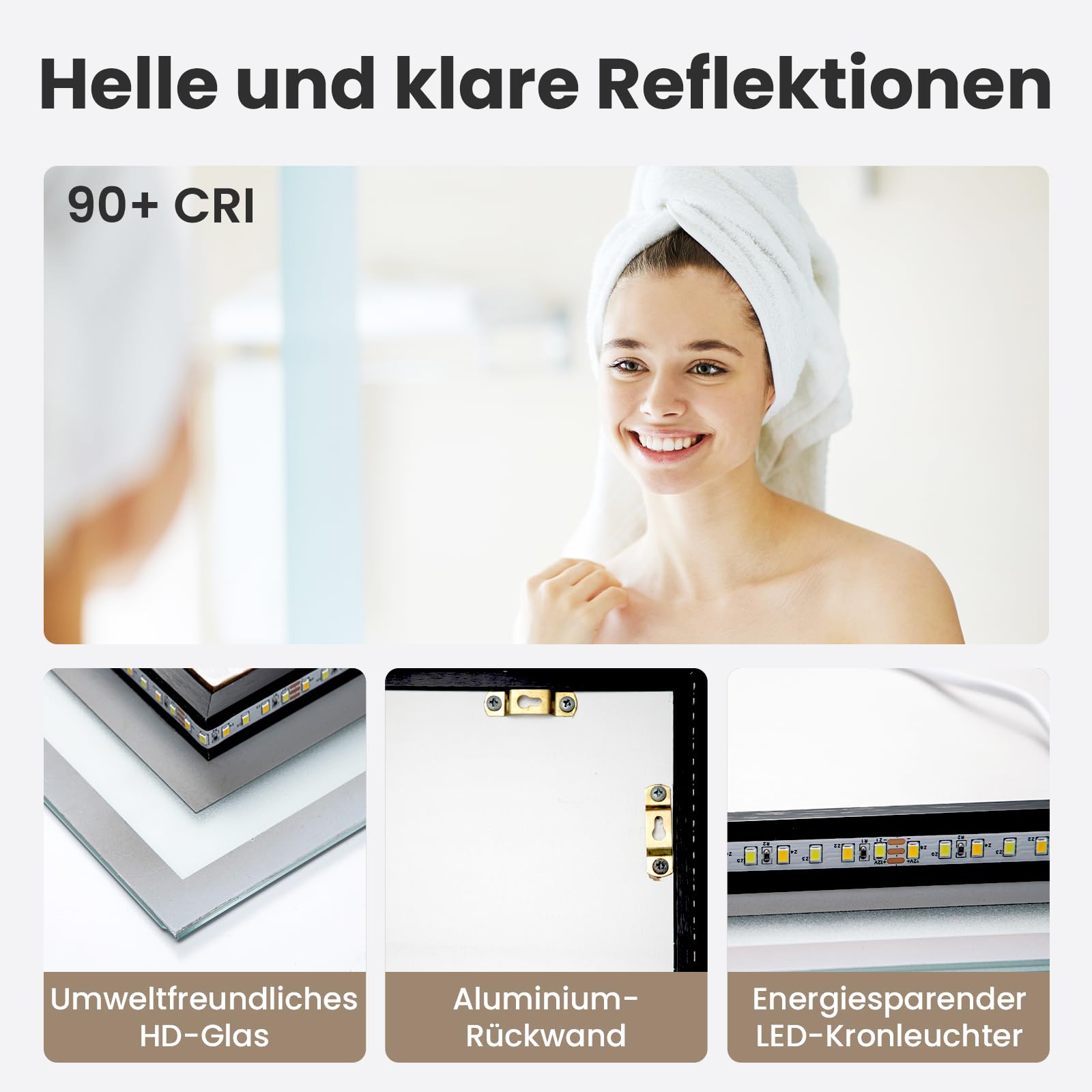 AllRight Badspiegel mit Beleuchtung 70x50cm | Dimmbarer LED Spiegel mit 3 Lichtfarben | IP54 Wassergeschützt | Touch-Steuerung