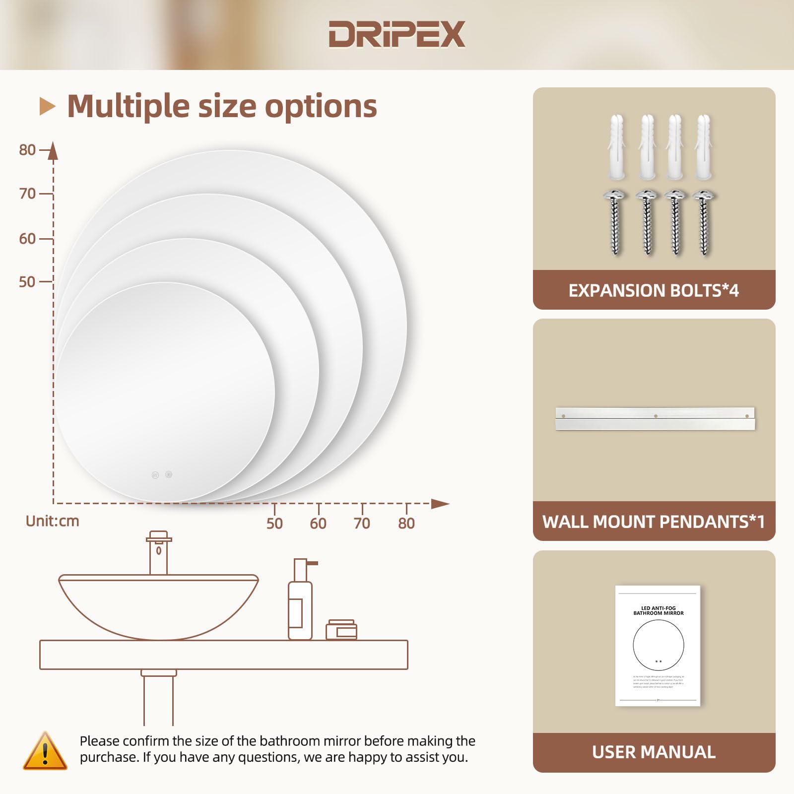 Dripex Badezimmerspiegel Led Badspiegel Rund, Touch-Schalter, Dimmbar, 3 Lichtfarbe Einstellbare Spiegel Bad mit Beleuchtung, LED Wandspiegel