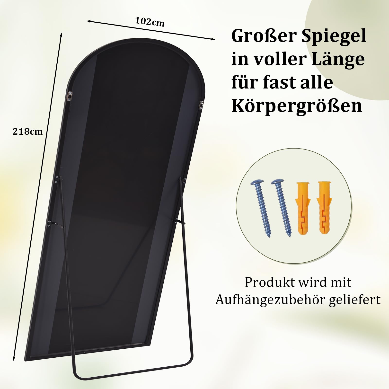 BEAUTYPEAK Großer Bogen Ganzkörperspiegel 218x102 cm, Gewölbter Standspiegel hängend oder lehnend an die Wand, groß Bodenspiegel mit Ständer
