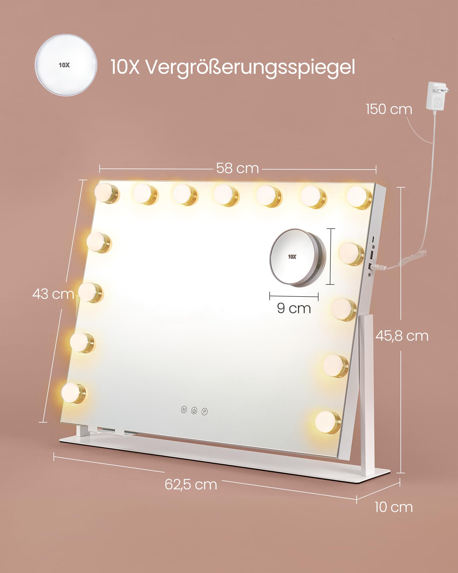 SONGMICS Schminkspiegel mit Beleuchtung, 58 x 43 cm, Kosmetikspiegel mit 15 LED-Glühbirnen, mit Ladeanschlüssen, Touch-Steuerung, 3 Lichtfarben