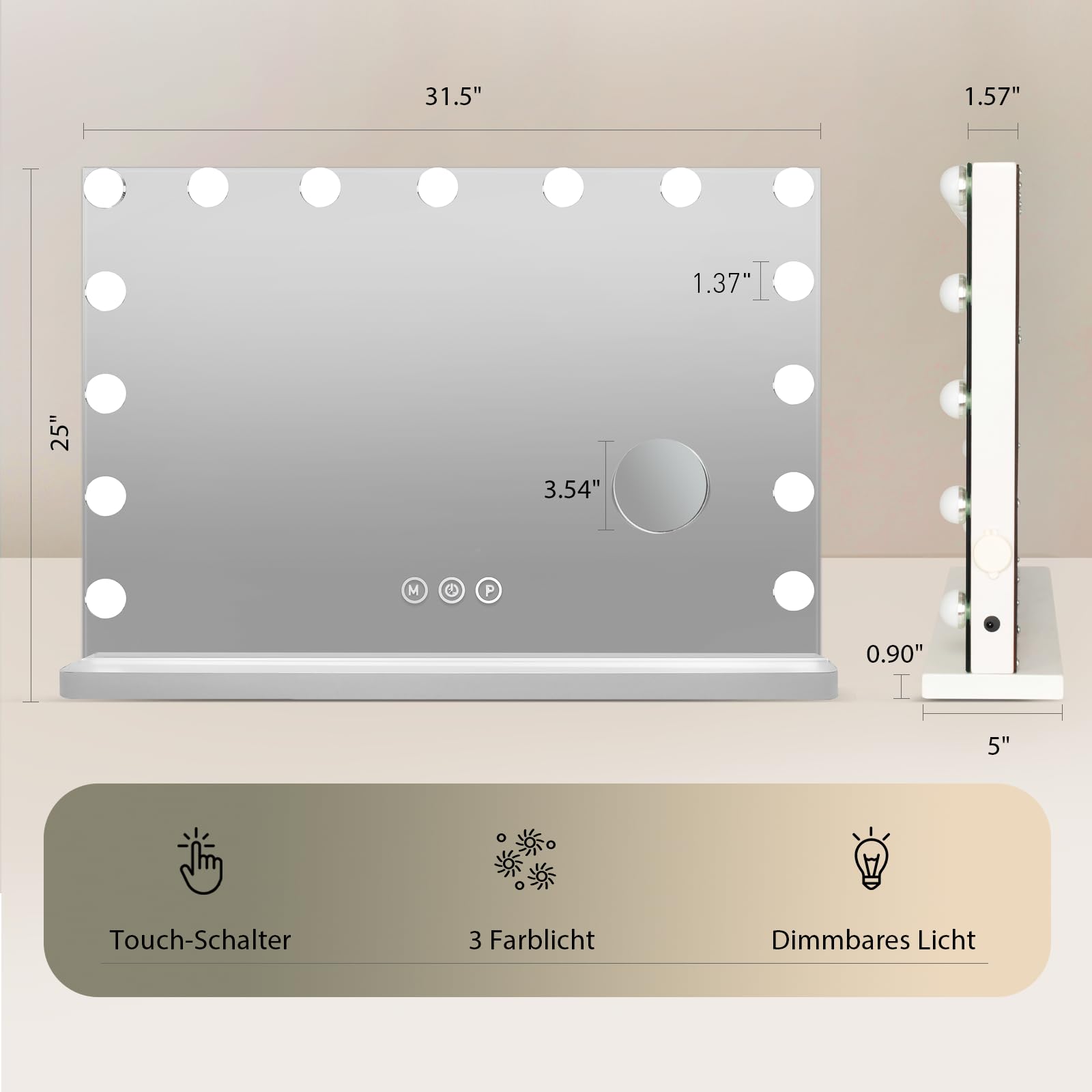 YU YUSING Hollywood Schminkspiegel mit Beleuchtung 58x45cm, 15 LED Licht Dimmbar Kosmetikspiegel 3 Modi, Vanity Spiegel Tischspiegel Wandspiegel