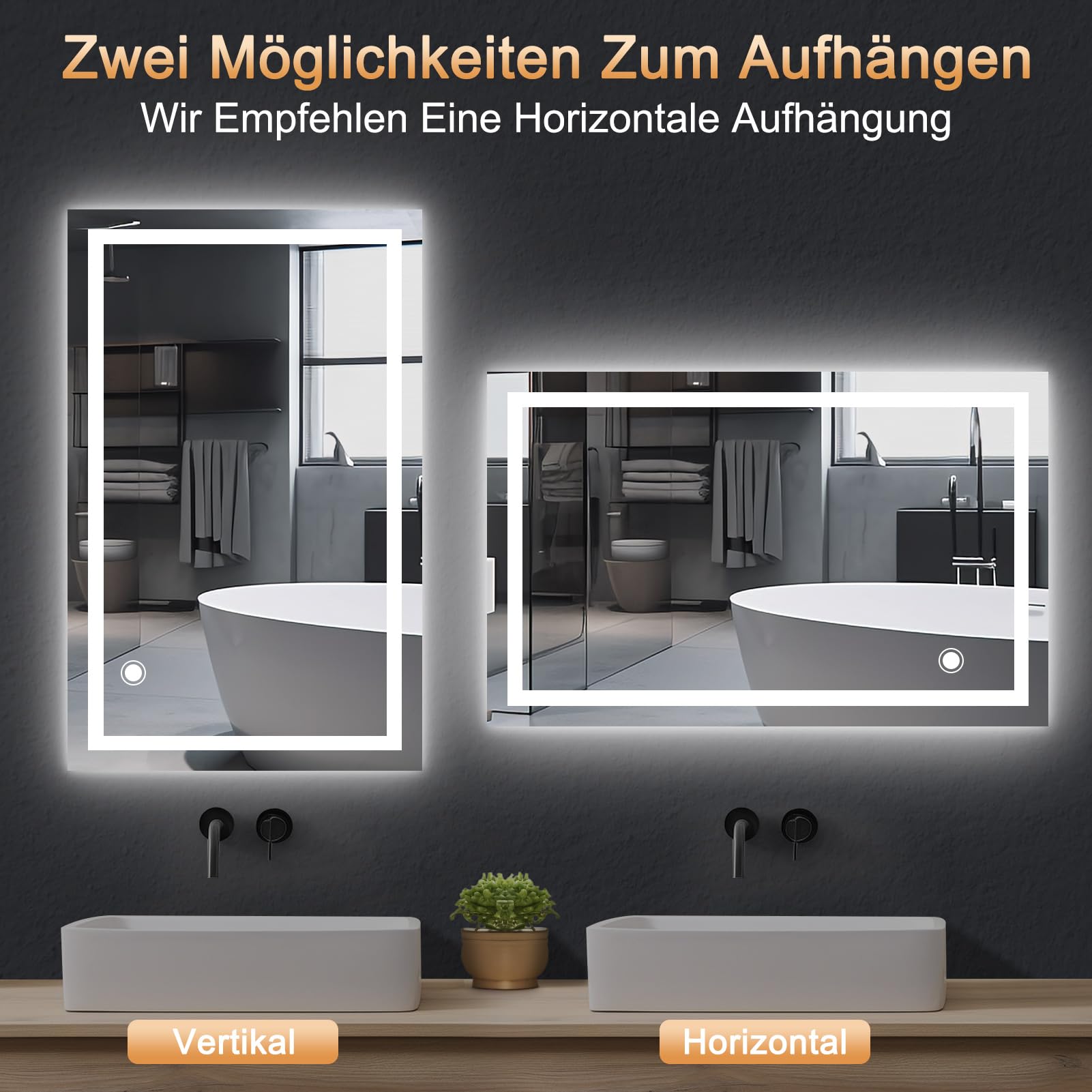 AllRight Badspiegel mit Beleuchtung 70x50cm | Dimmbarer LED Spiegel mit 3 Lichtfarben | IP54 Wassergeschützt | Touch-Steuerung