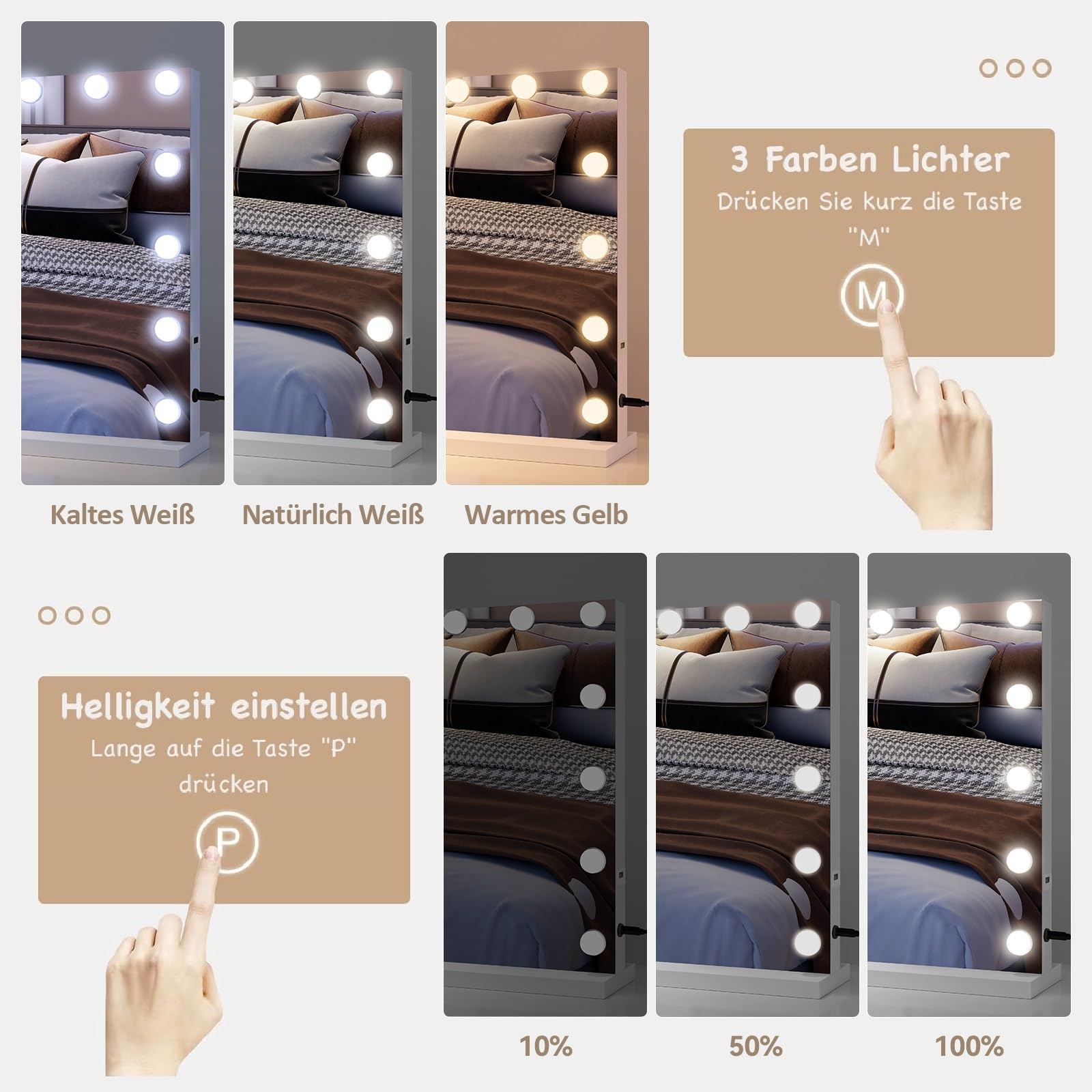 YU YUSING Hollywood Schminkspiegel mit Beleuchtung 58x45cm, 15 LED Licht Dimmbar Kosmetikspiegel 3 Modi, Vanity Spiegel Tischspiegel Wandspiegel