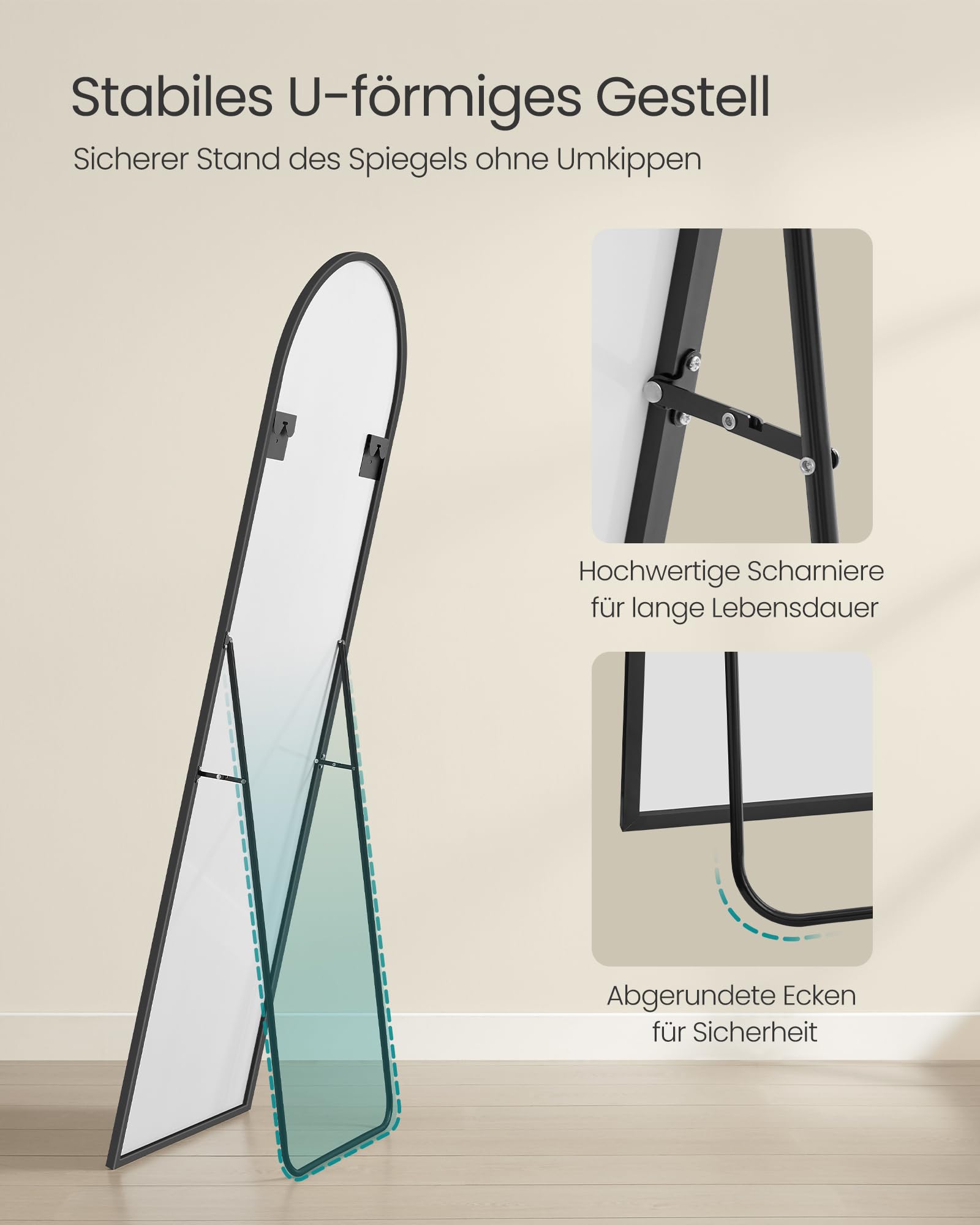 SONGMICS Ganzkörperspiegel, 160 x 50 cm, gewölbter Standspiegel, Rahmen aus Aluminiumlegierung, Hartglas, für Schlafzimmer, Wohnzimmer