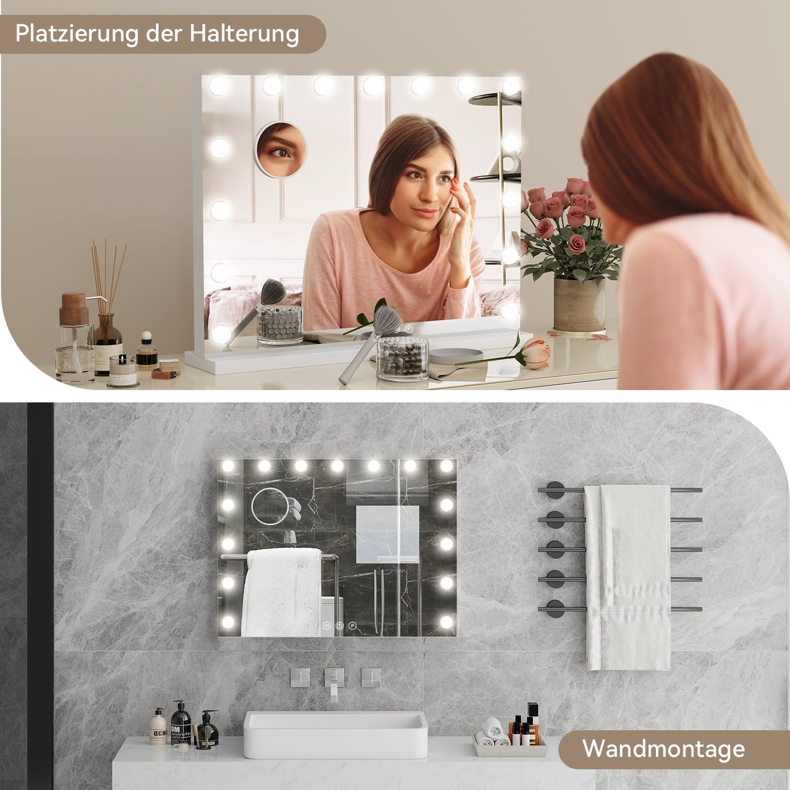 YU YUSING Hollywood Schminkspiegel mit Beleuchtung 58x45cm, 15 LED Licht Dimmbar Kosmetikspiegel 3 Modi, Vanity Spiegel Tischspiegel Wandspiegel