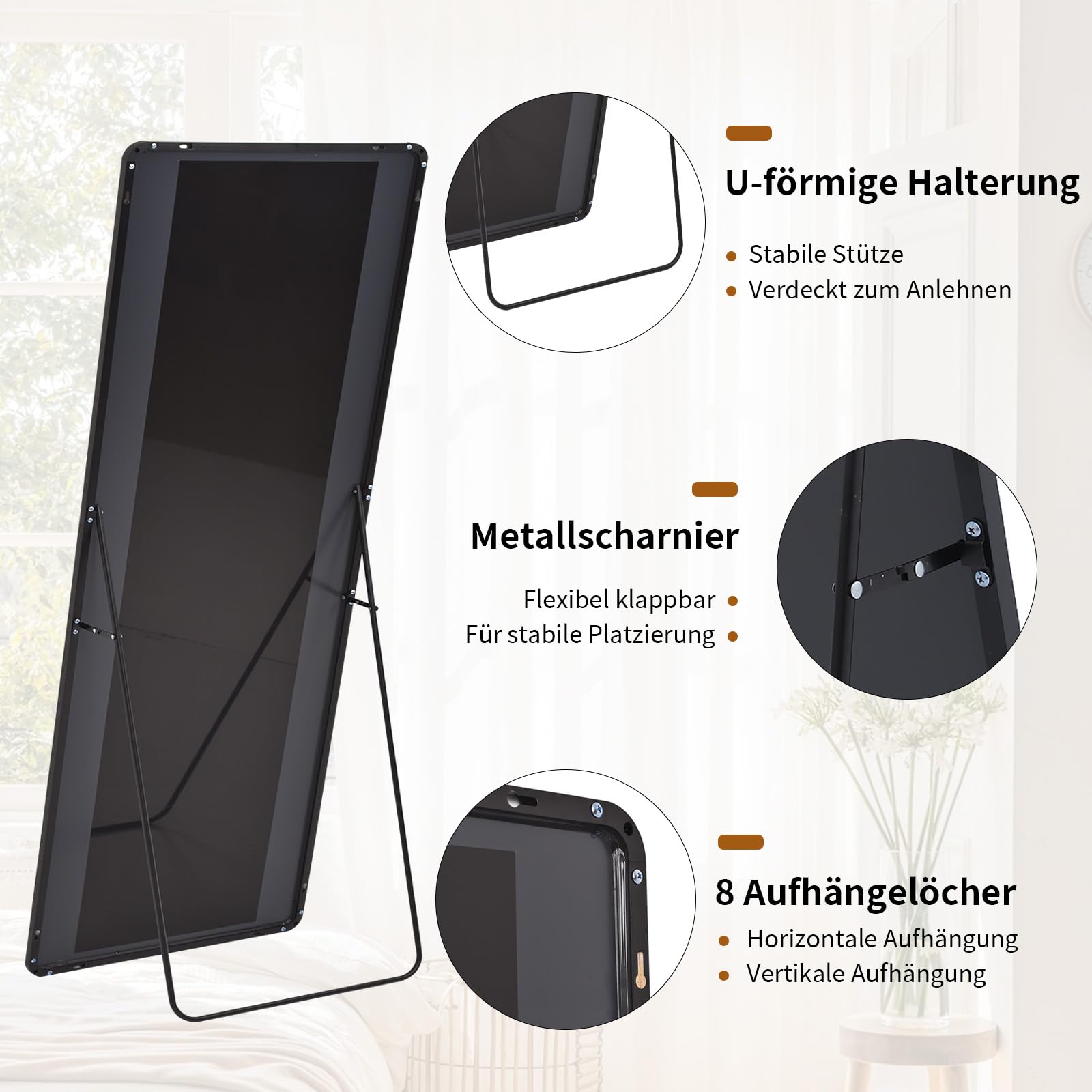 Koonmi Standspiegel mit abgerundeten Ecken, 53 x 163 cm runden Ecken Ganzkörperspiegel mit Ständer, großer Fußboden Standspiegel Ganzkörperspiegel