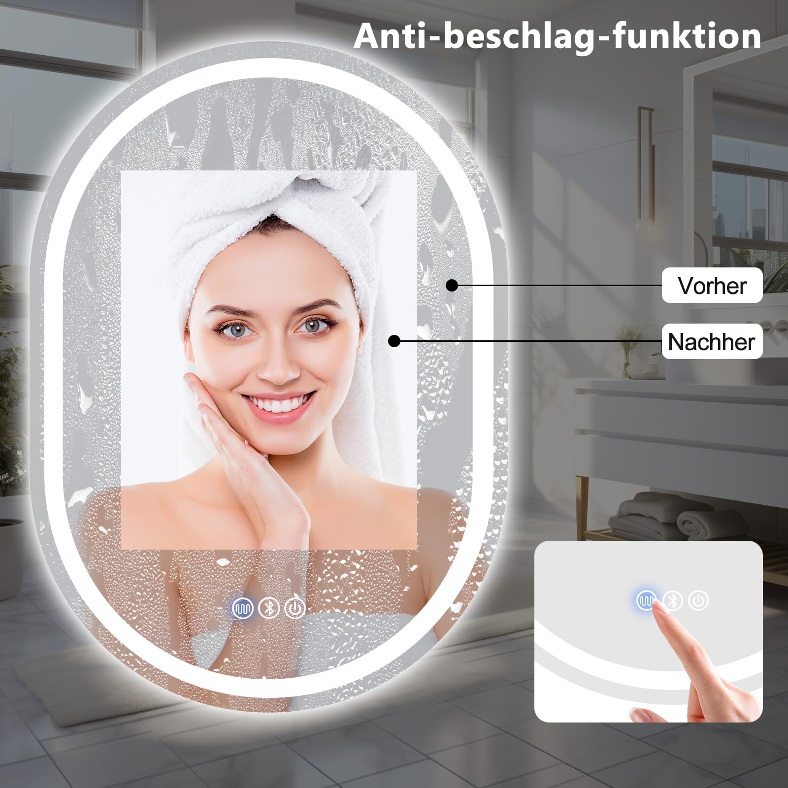 Trintion Badspiegel Mit Beleuchtung, 60x80 cm Oval Spiegel mit Beleuchtung mit Bluetooth-Lautsprecher, Badspiegel mit Touch-Schalter, Beschlagfrei