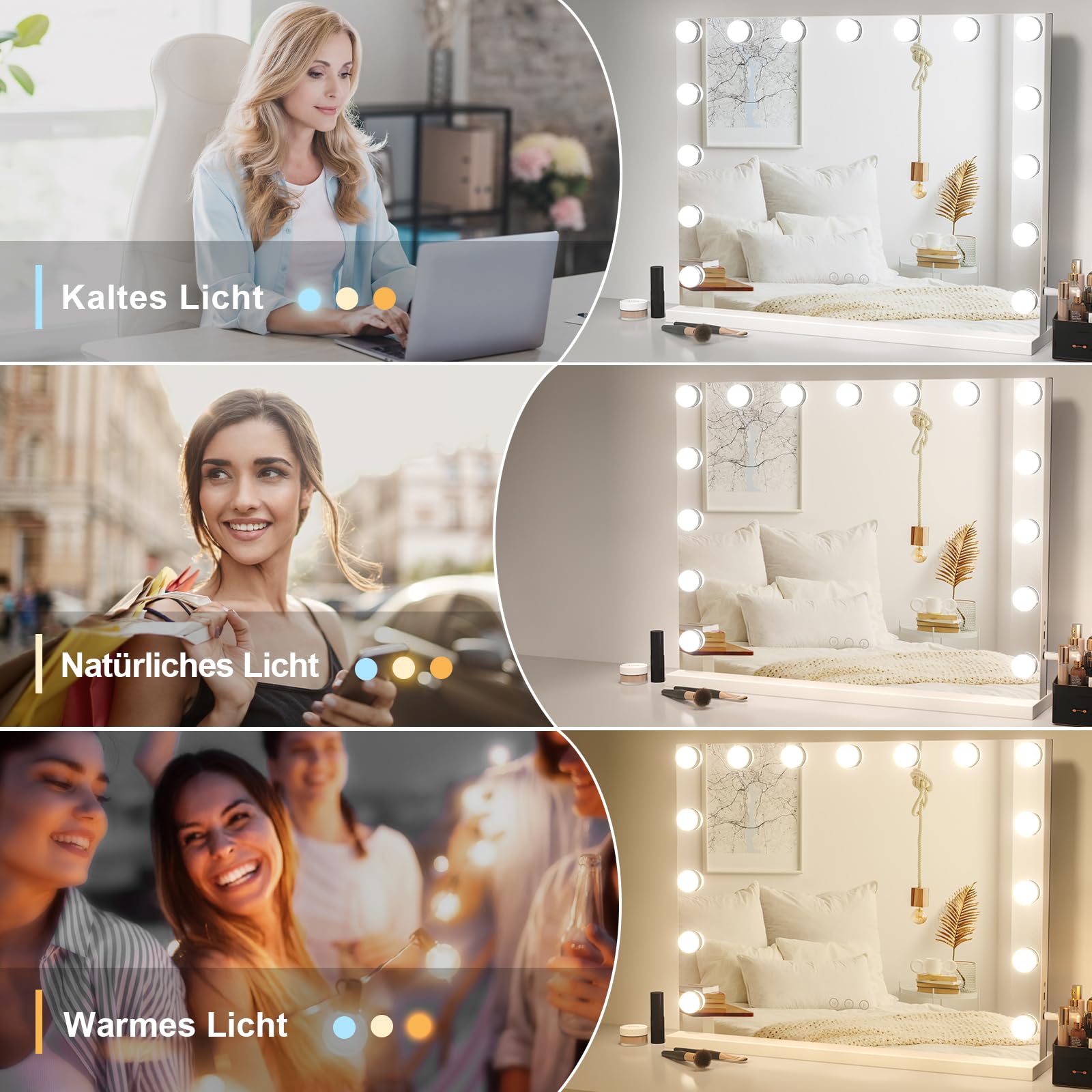Dripex Hollywood Schminktischspiegel, Schminkspiegel mit 15 Lampen und 3 Farbtemperatur Licht, Hollywood Spiegel mit Beleuchtung, Kosmetikspiegel