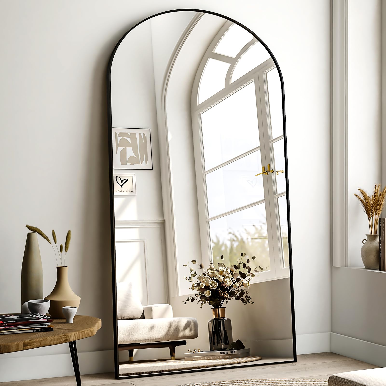 BEAUTYPEAK Großer Bogen Ganzkörperspiegel 218x102 cm, Gewölbter Standspiegel hängend oder lehnend an die Wand, groß Bodenspiegel mit Ständer