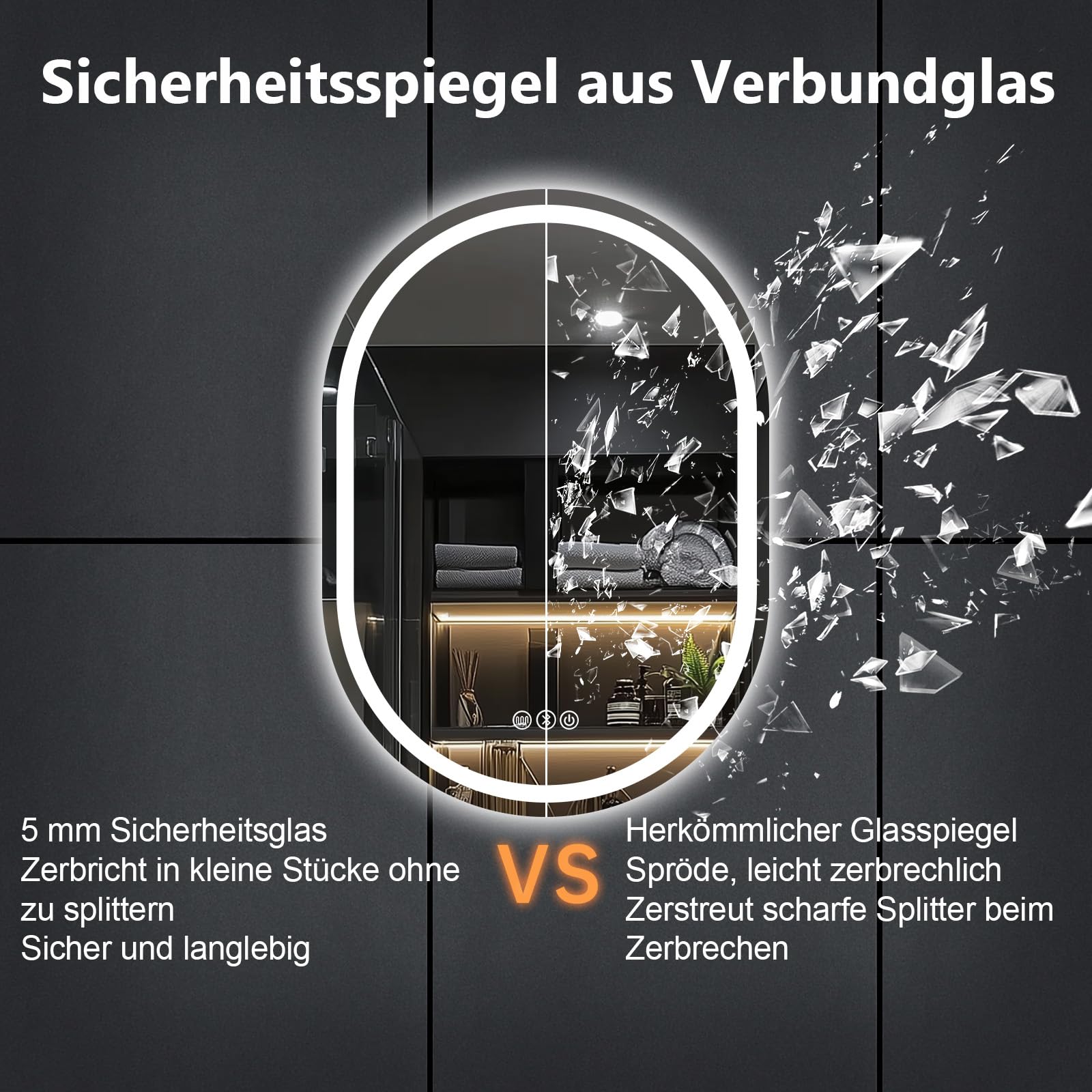 Trintion Badspiegel Mit Beleuchtung, 60x80 cm Oval Spiegel mit Beleuchtung mit Bluetooth-Lautsprecher, Badspiegel mit Touch-Schalter, Beschlagfrei