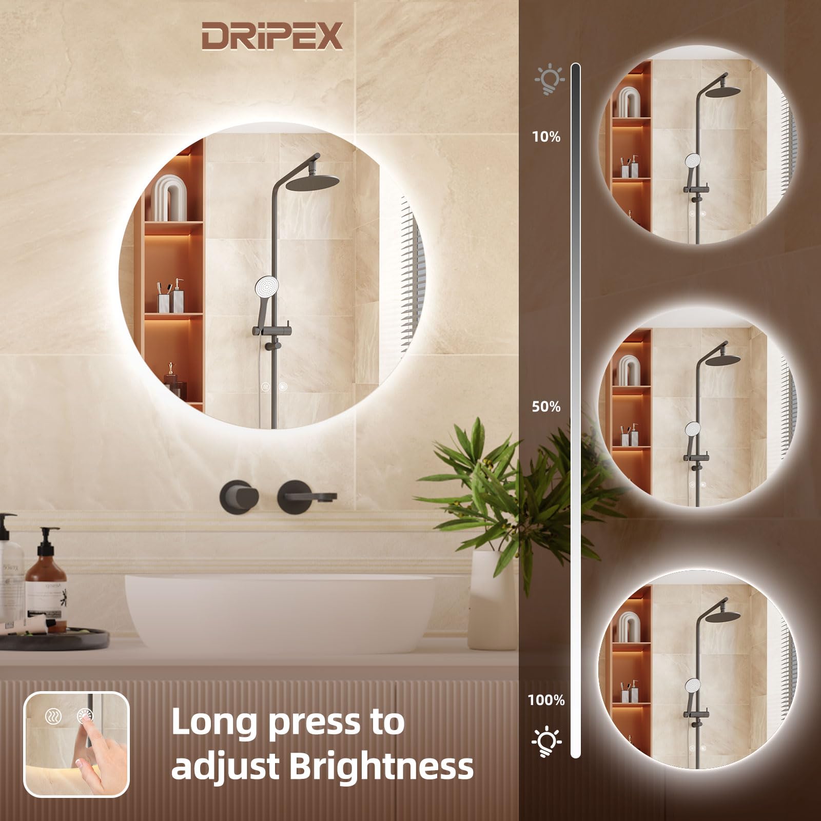 Dripex Badezimmerspiegel Led Badspiegel Rund, Touch-Schalter, Dimmbar, 3 Lichtfarbe Einstellbare Spiegel Bad mit Beleuchtung, LED Wandspiegel