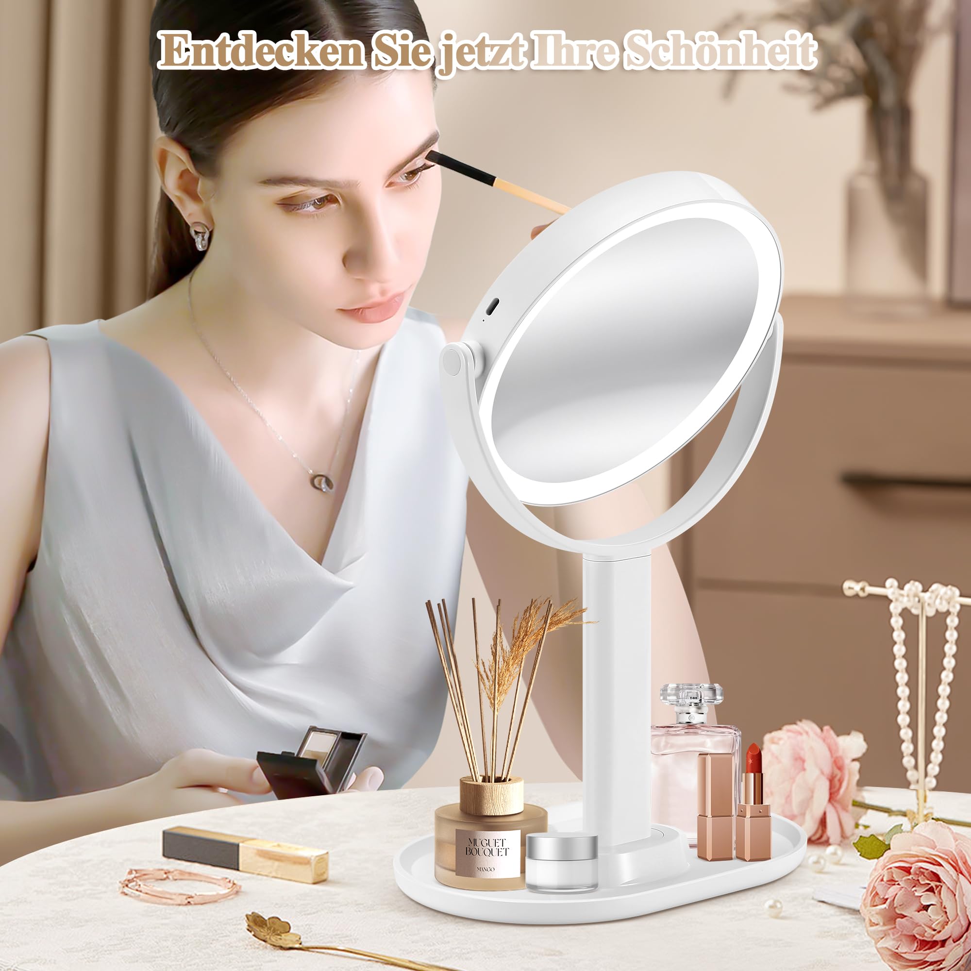 MOMOKUBA Kosmetikspiegel mit Beleuchtung, Vergrößerungsspiegel mit Licht 20fach, Kosmetikspiegel mit Vergrößerung 8", Doppelseitig 3 Farben 64 Led