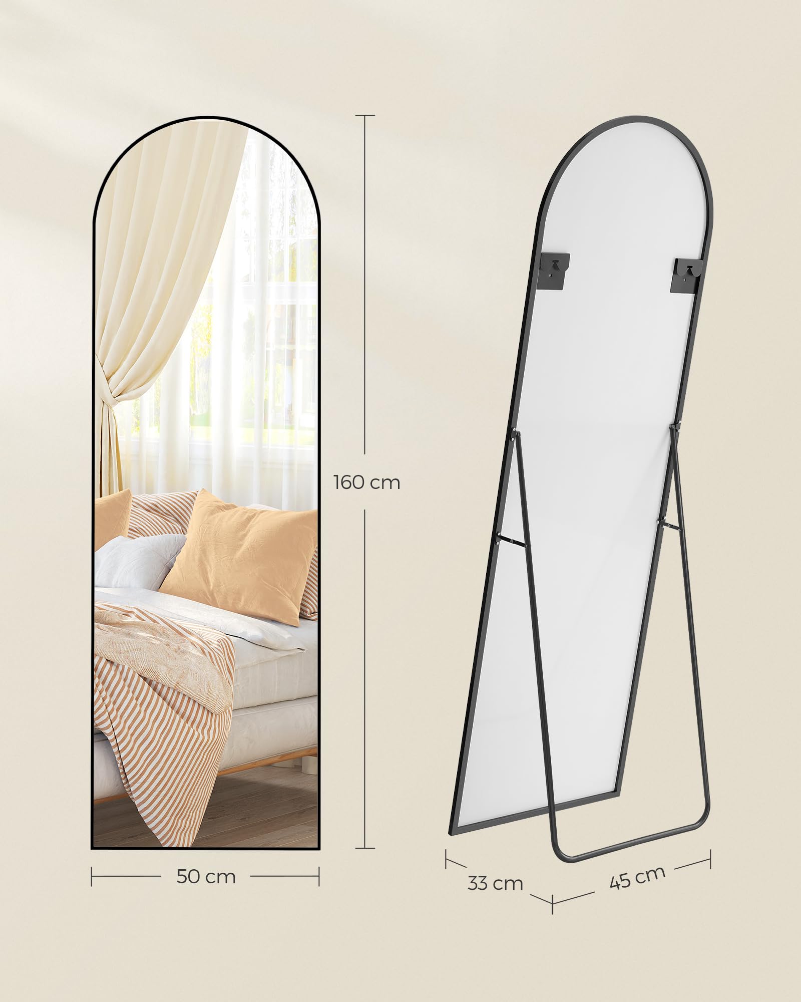 SONGMICS Ganzkörperspiegel, 160 x 50 cm, gewölbter Standspiegel, Rahmen aus Aluminiumlegierung, Hartglas, für Schlafzimmer, Wohnzimmer