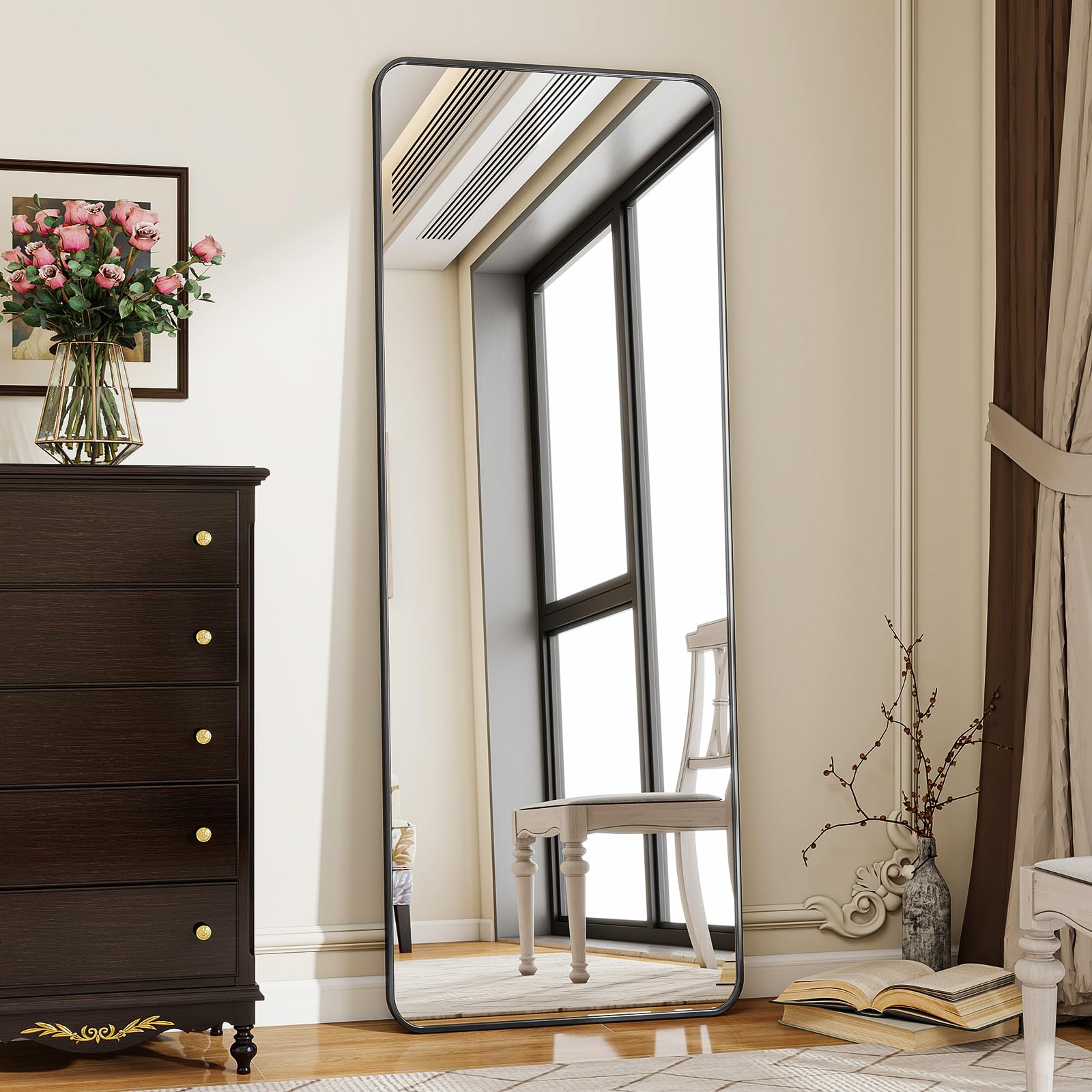 Koonmi Standspiegel mit abgerundeten Ecken, 53 x 163 cm runden Ecken Ganzkörperspiegel mit Ständer, großer Fußboden Standspiegel Ganzkörperspiegel