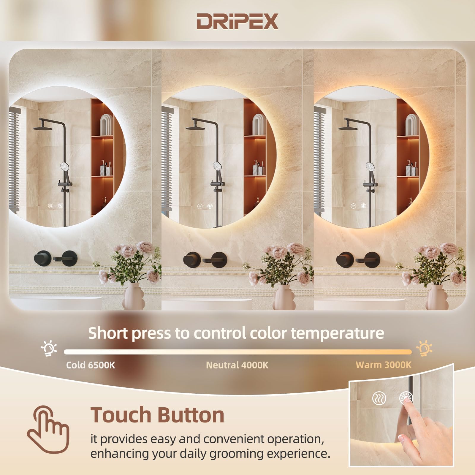 Dripex Badezimmerspiegel Led Badspiegel Rund, Touch-Schalter, Dimmbar, 3 Lichtfarbe Einstellbare Spiegel Bad mit Beleuchtung, LED Wandspiegel