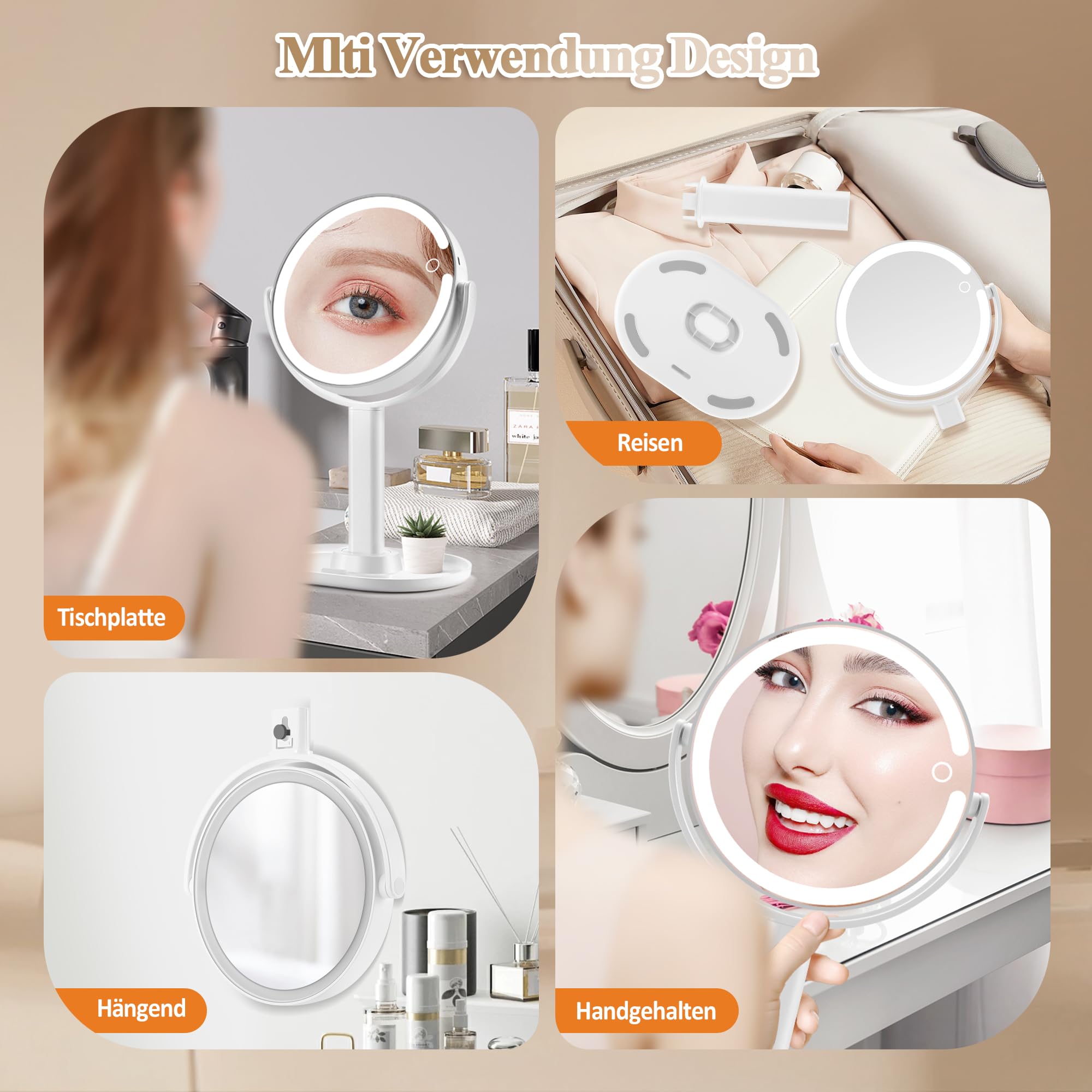 MOMOKUBA Kosmetikspiegel mit Beleuchtung, Vergrößerungsspiegel mit Licht 20fach, Kosmetikspiegel mit Vergrößerung 8", Doppelseitig 3 Farben 64 Led
