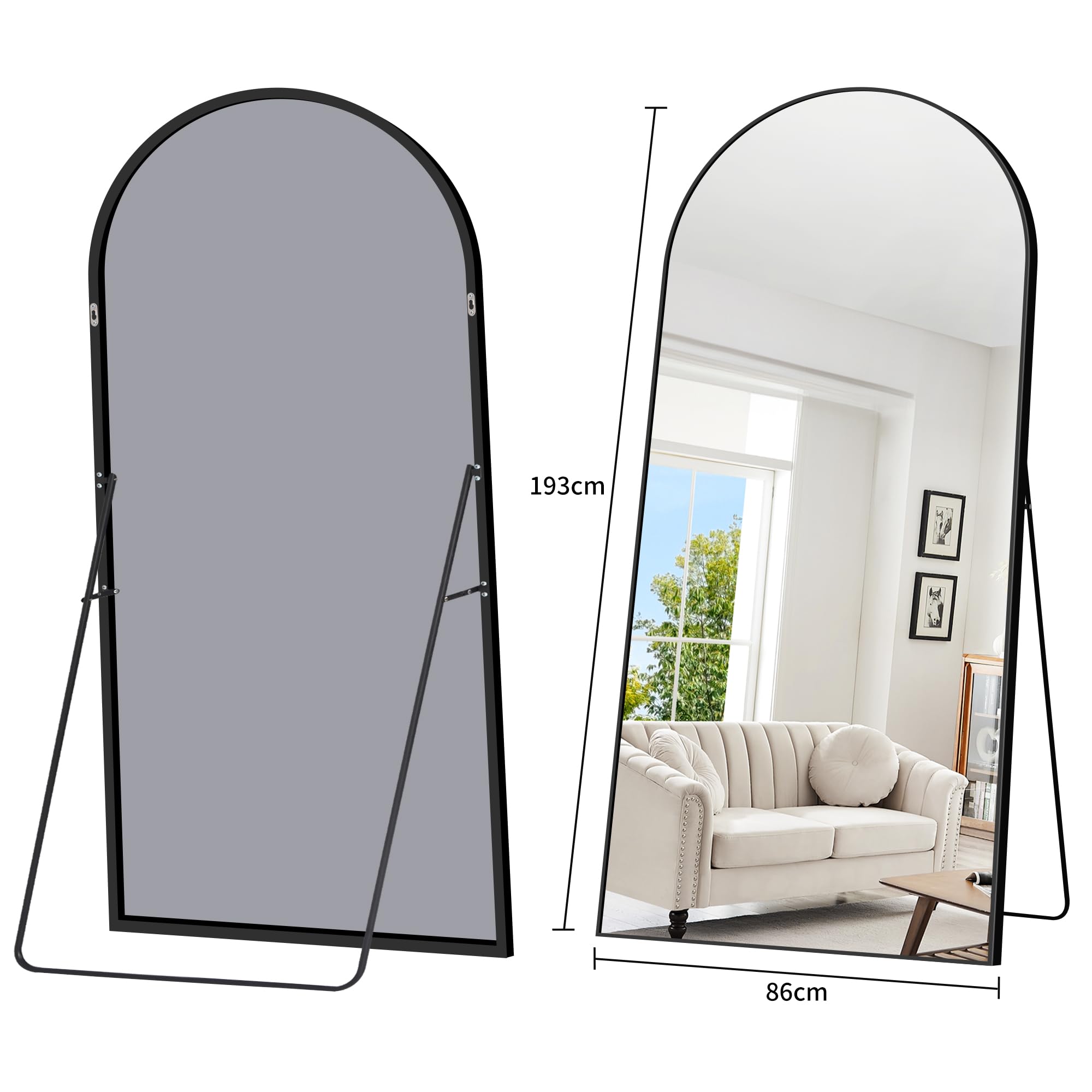 WOLIBEER Großer Ganzkörperspiegel 192x85 cm XXL Standspiegel und Wandspiegel mit schwarzem Aluminiumrahmen Sicherer Stabiler Deko-Spiegel
