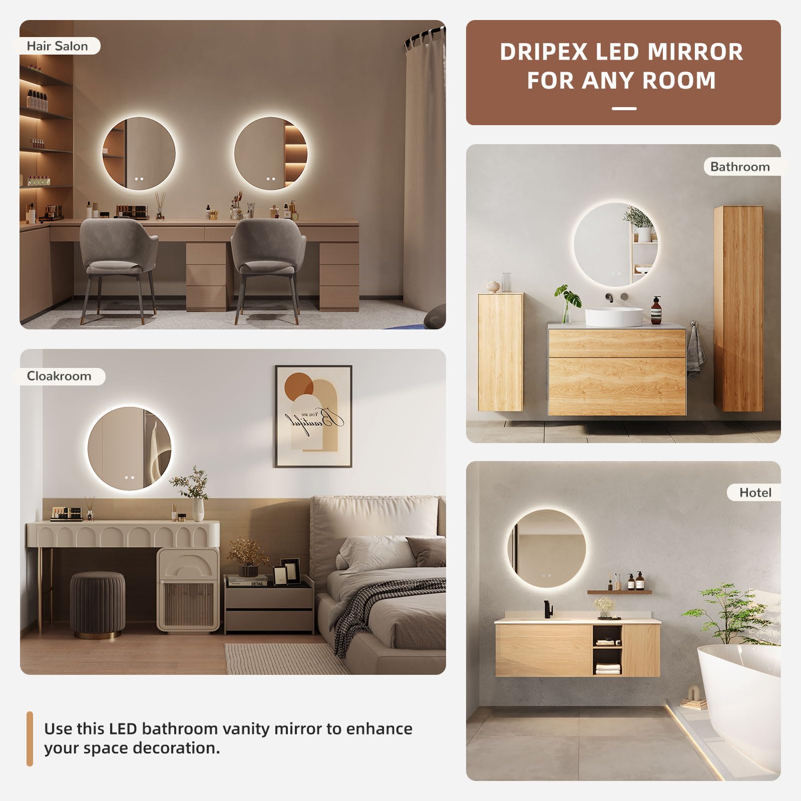 Dripex Badezimmerspiegel Led Badspiegel Rund, Touch-Schalter, Dimmbar, 3 Lichtfarbe Einstellbare Spiegel Bad mit Beleuchtung, LED Wandspiegel