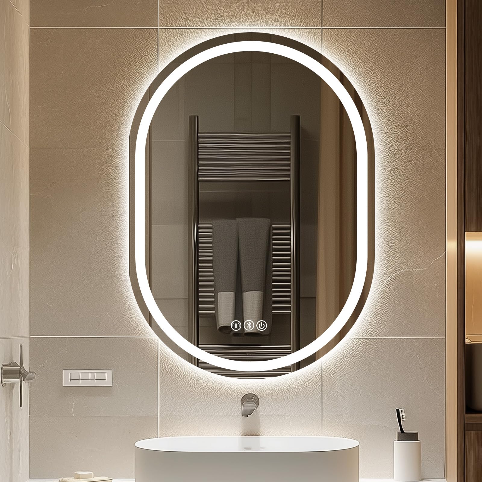 Trintion Badspiegel Mit Beleuchtung, 60x80 cm Oval Spiegel mit Beleuchtung mit Bluetooth-Lautsprecher, Badspiegel mit Touch-Schalter, Beschlagfrei
