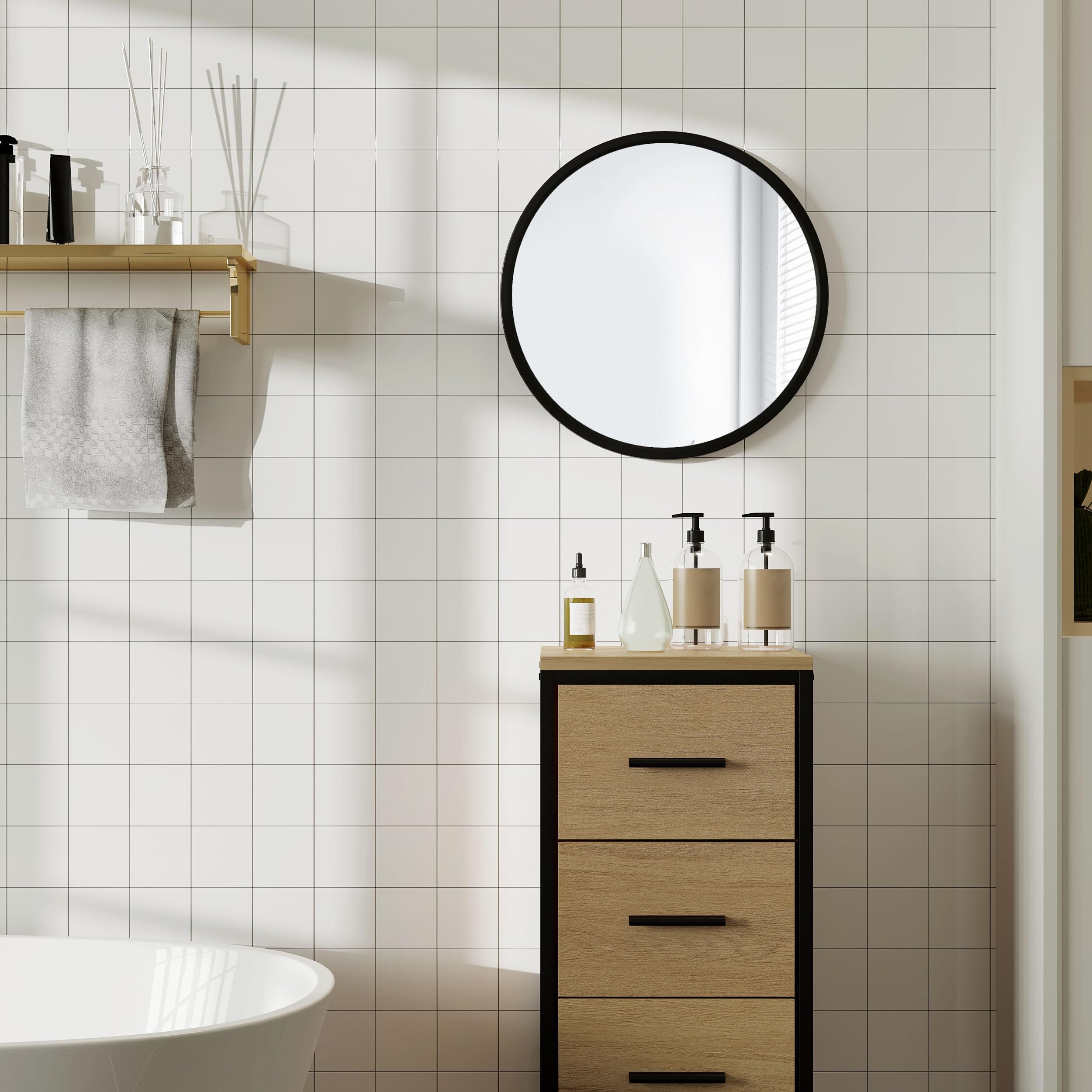 WOLTU Spiegel rund mit schwarzer Rahmen, runder Wandspiegel φ 40 cm, moderner Hängespiegel für Badezimmer Schlafzimmer Wohnzimmer Flur