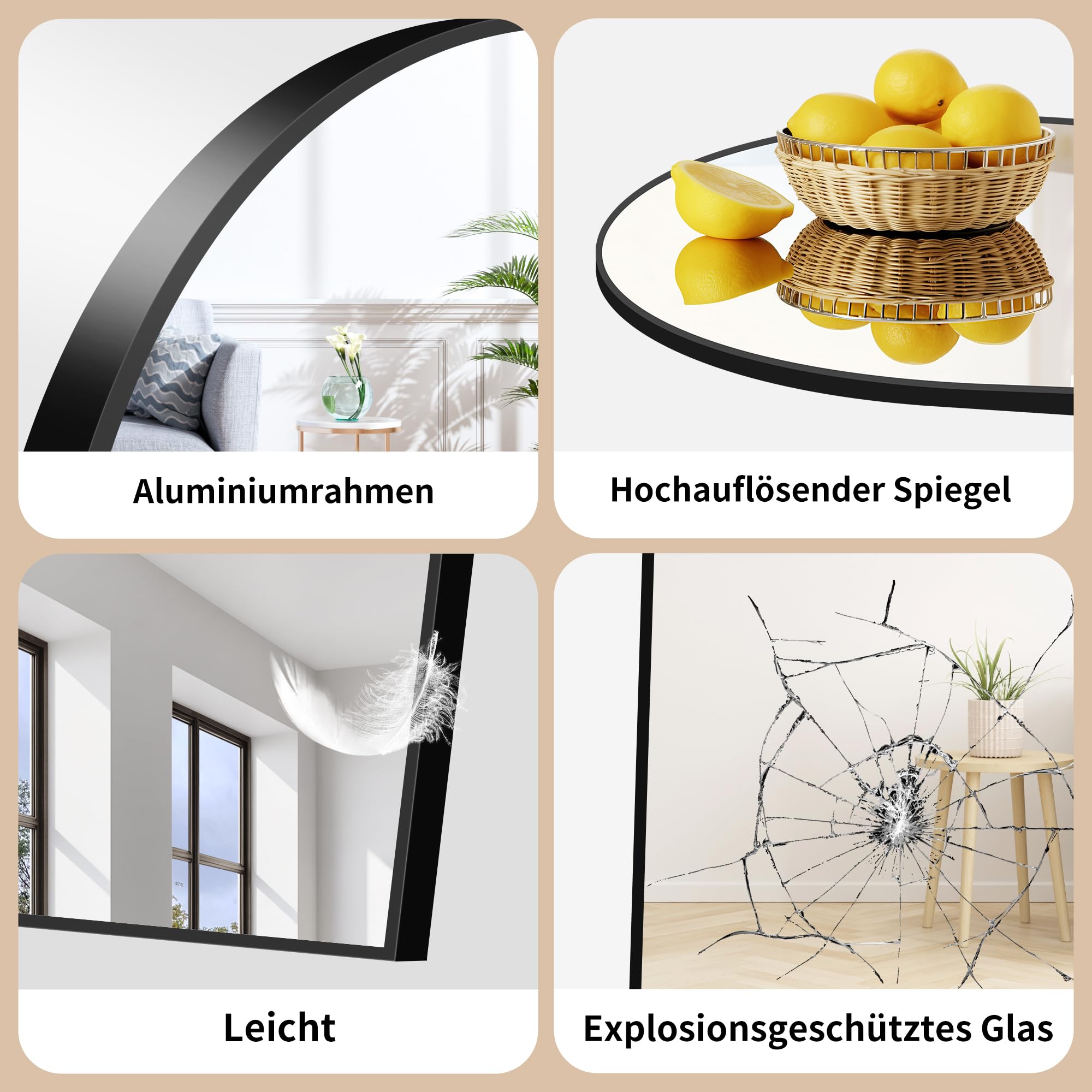 WOLIBEER Großer Ganzkörperspiegel 192x85 cm XXL Standspiegel und Wandspiegel mit schwarzem Aluminiumrahmen Sicherer Stabiler Deko-Spiegel